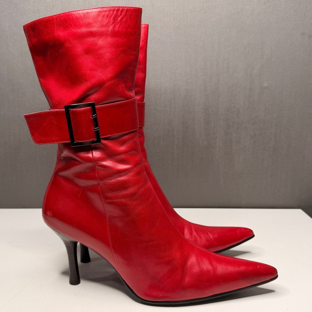 Vtg Y2K NYLA Boots Women 11 Willow Pointed Toe Boots Red Leather Buckle Stiletto